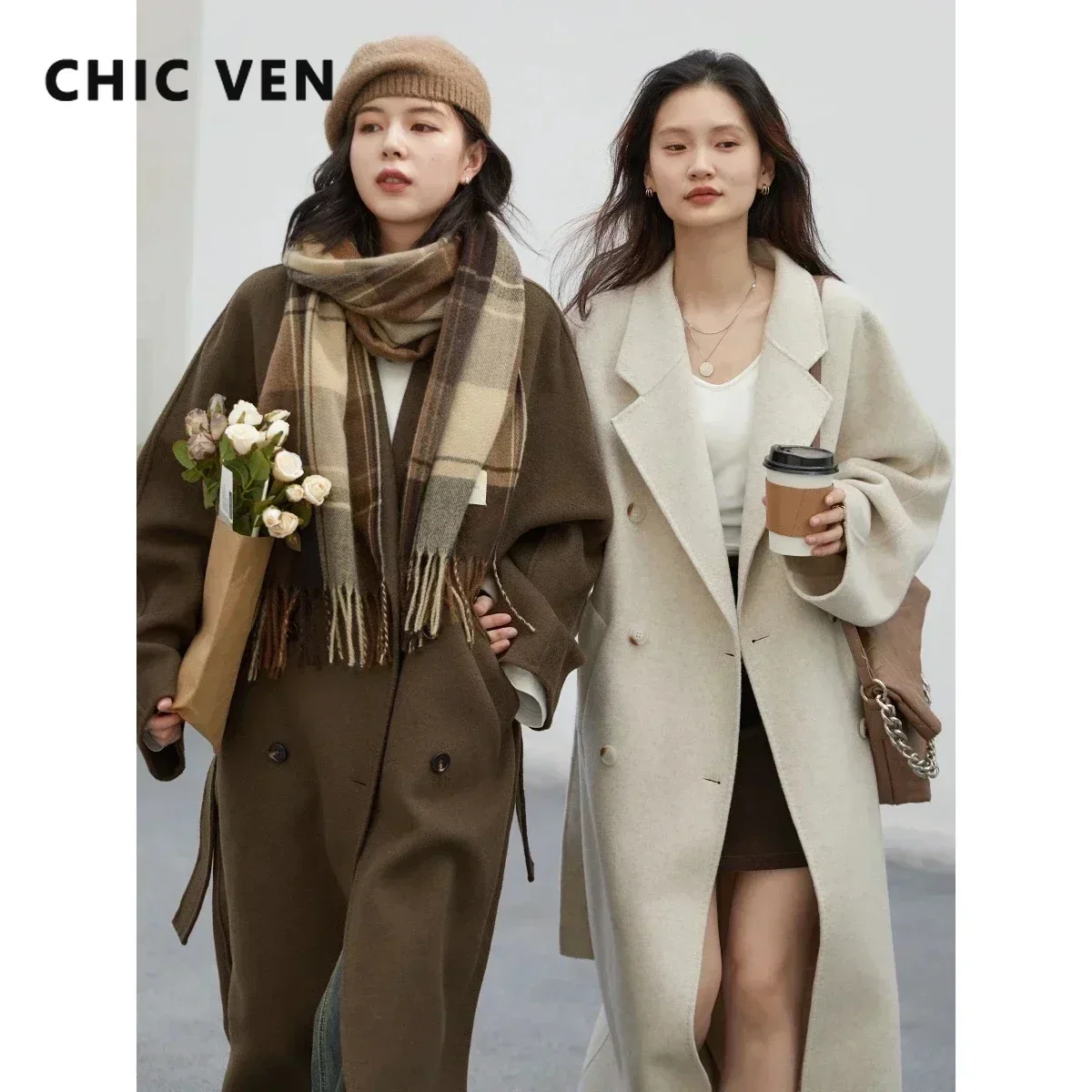 CHIC VEN Women Long Double-sided Woolen Coats Loose Female Overcoat Double Breasted Ladies Windbreak Coat Autumn Winter 2023