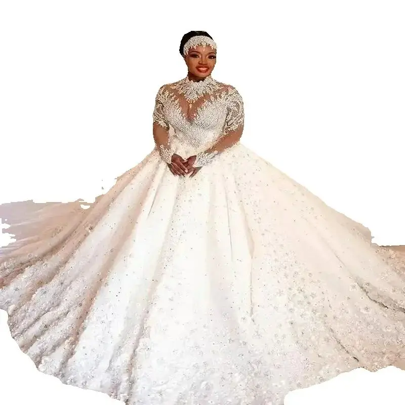 

Индивидуальное бальное платье с высоким воротом и тяжелыми бисером и кристаллами, свадебные платья больших размеров для невесты, свадебное платье с длинными рукавами и скользящим шлейфом