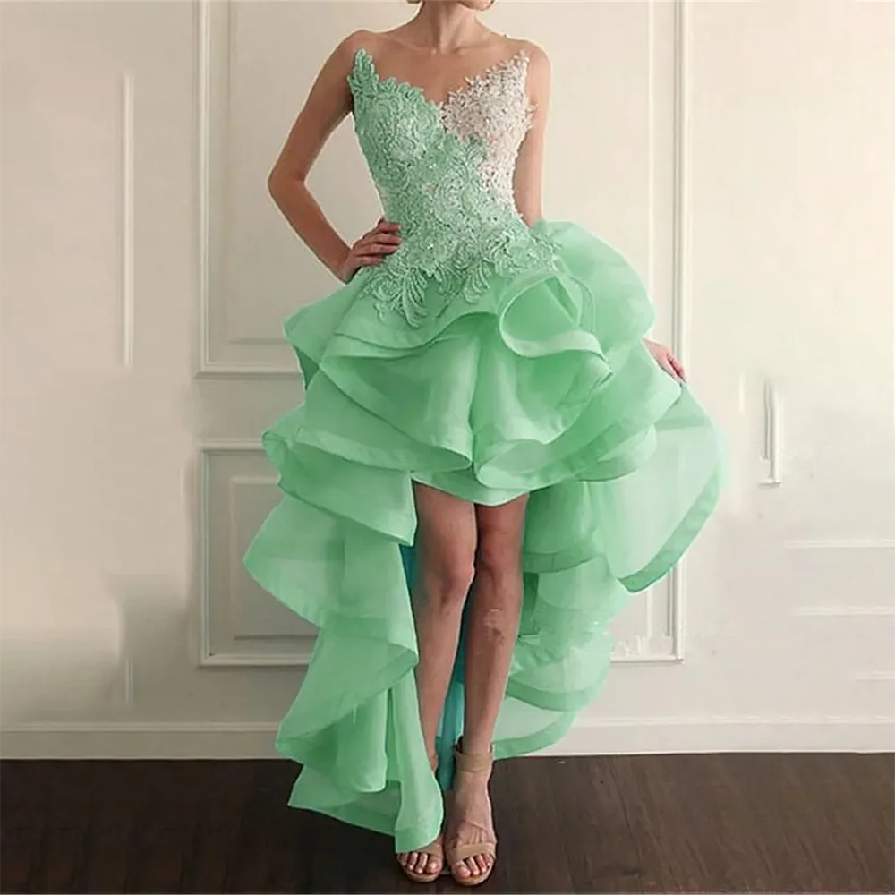 2024 Elegant Sheer Jewel Neckline Hi-lo A-line Prom Dresses With Lace Appliques Ruffled Organza Evening Gowns