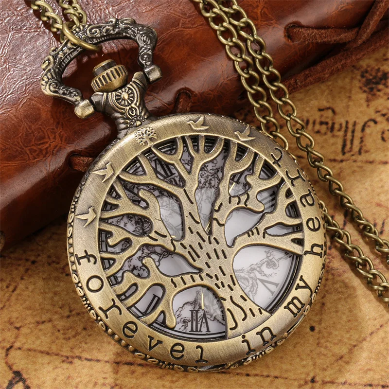 Bronze Hollow Out Tree Case Roman Numeral Display Quartz Movement Pocket Watch for Men Women with Necklace Chain Gift Reloj