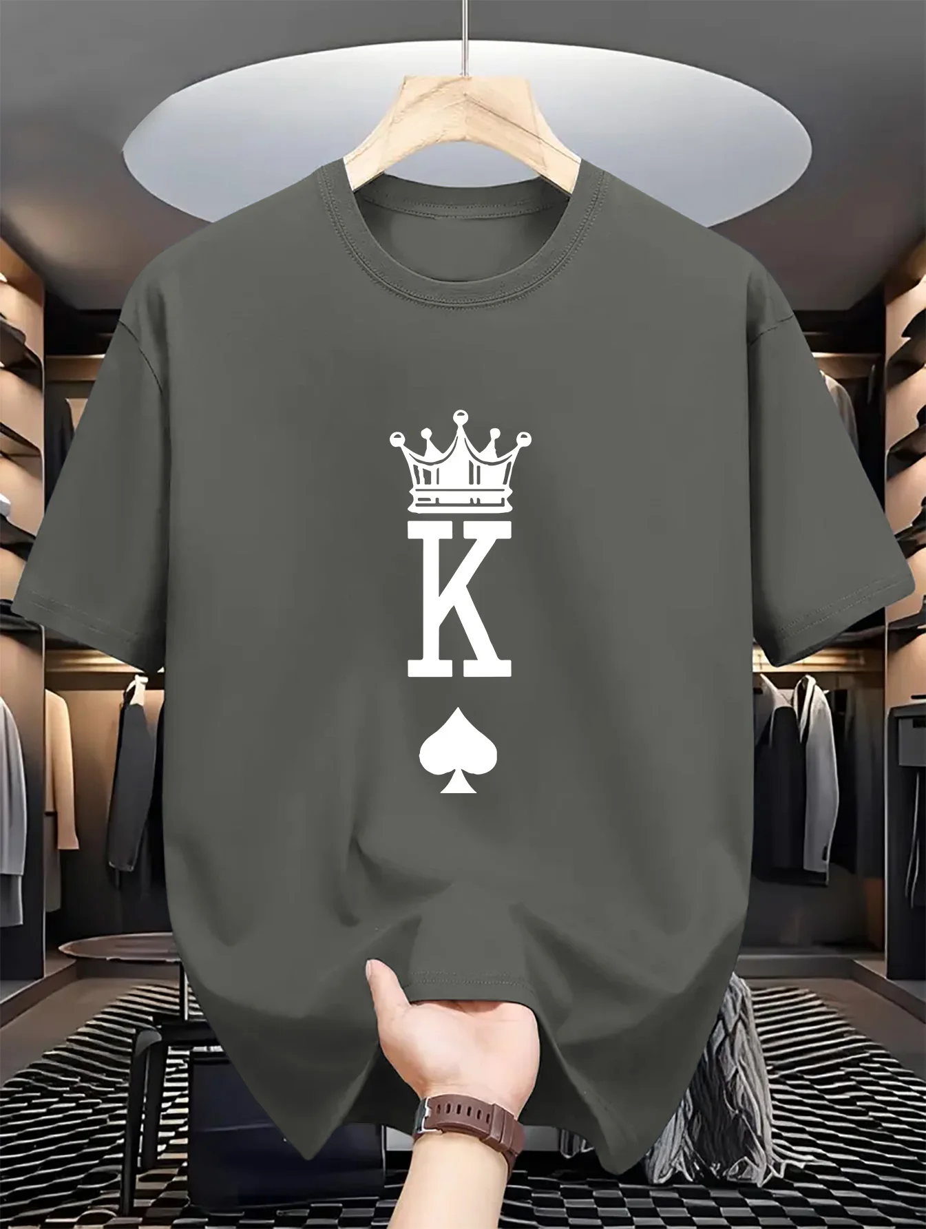 100% Pure Cotton Men's Casual Loose Fashionable Poker Card K Pattern Print Breathable Sports Short-Sleeved Round Neck T-Shirt