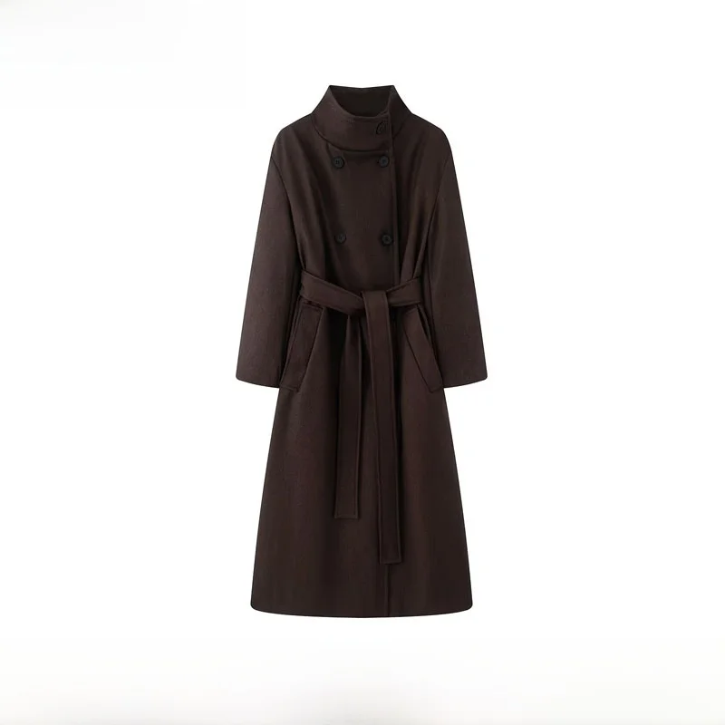 

Faionable Long Women's Coat Autumn Winter New Arrival Belted Stand Collar Loose Fit ZR Sle Polyester Fiber 00%