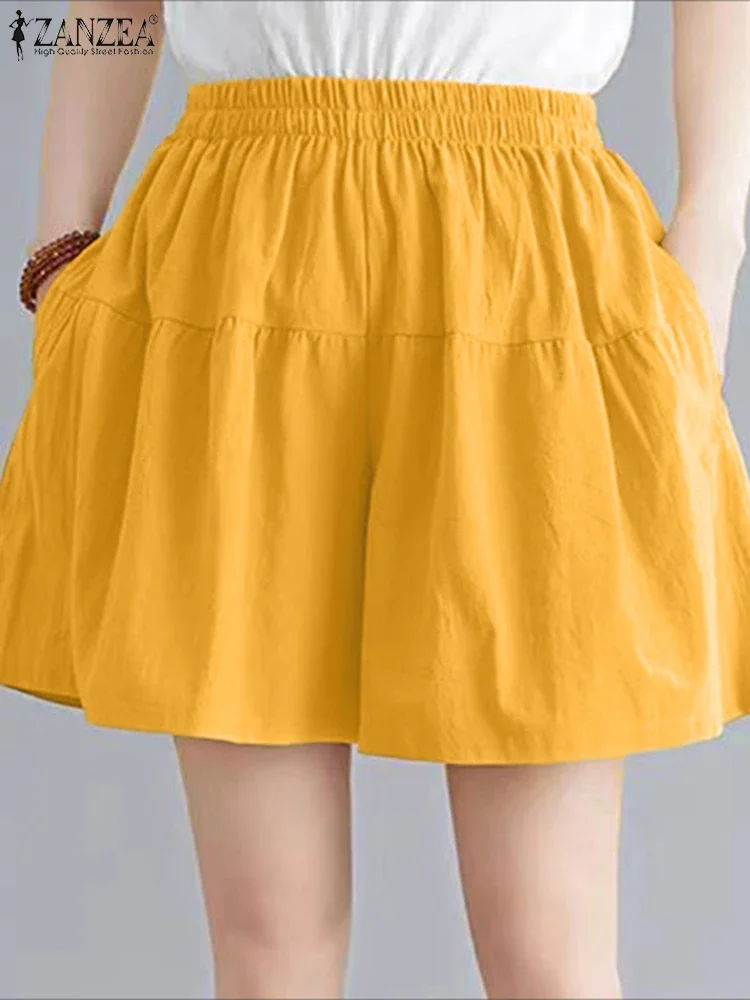 

ZANZEA, летние шорты 2021, модные женские повседневные однотонные свободные брюки с высокой талией и карманами, широкие брюки с эластичной резинкой на талии, брюки