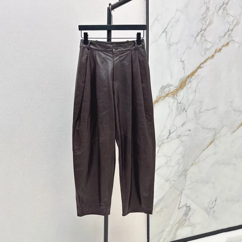 Oiled-waxed sheepskin wide-leg pants, pleated tapered loose-fit pants, slimming casual genuine leather pants, 2026, new style,