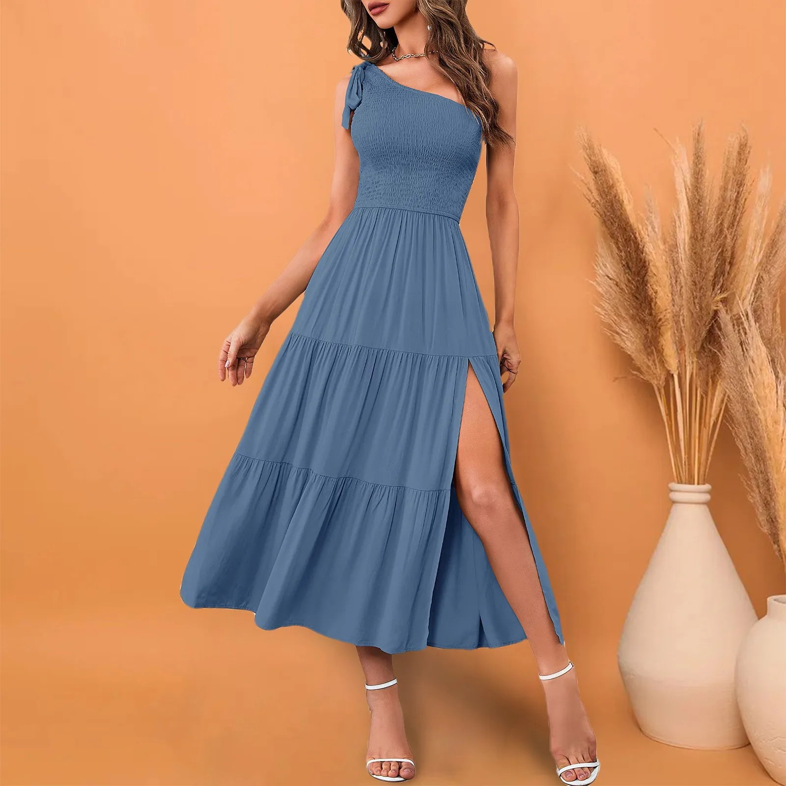 Vestido longo feminino de verão, boho chique, sem mangas, cor sólida, saia de praia, roupa de festa, casual, vestidos soltos, vestido de férias, 2024