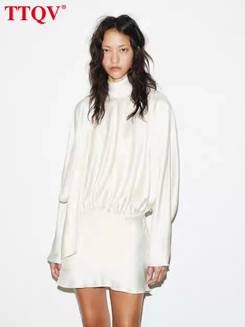 

TTQV Fashion Loose Black Satin Women's Dress 2026 Spring Turtleneck Long Sleeve Mini Dresses Lady Elegnt Lace-Up Female Dress