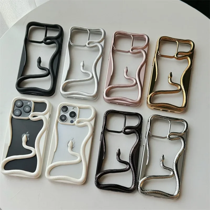 Cartoon 3D Snake Hollow Out Plating Case for iPhone 16 15 14 Pro Max 12 13 11 Matte Serpent Heat Dissipate Solid Color Cover