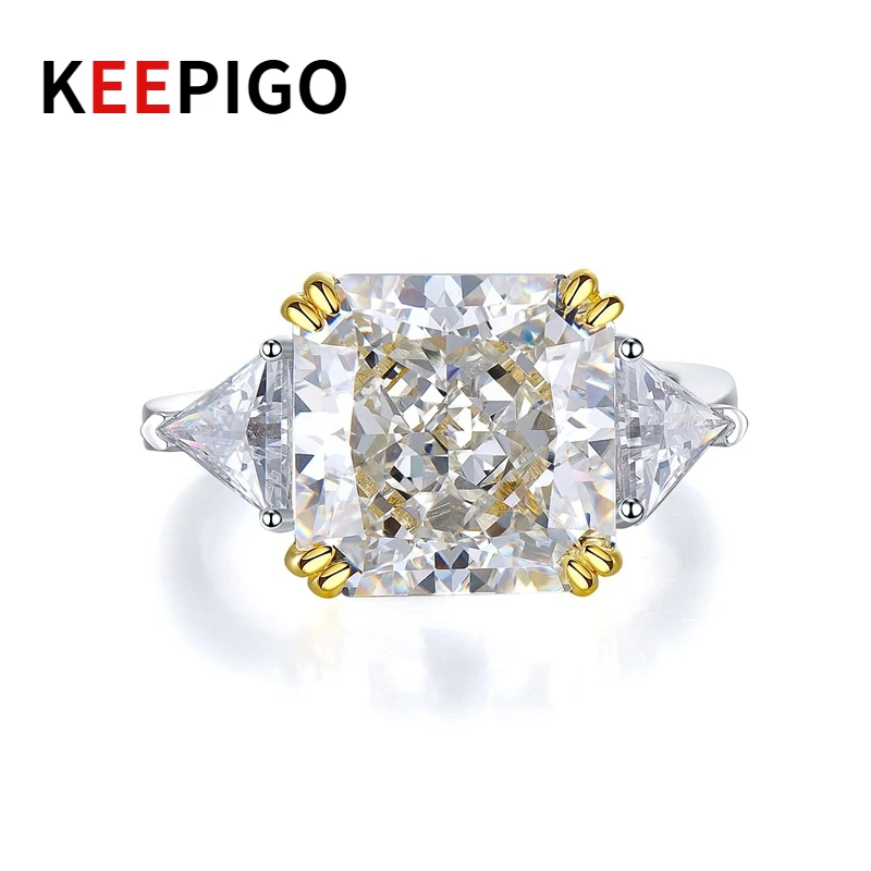 

KEEPIGO S925 Sterling Silver G Color 10*10mm Geometry Ice Cut High Carbon Diamond Wedding Engagement Ring For Women Fine Jewelry