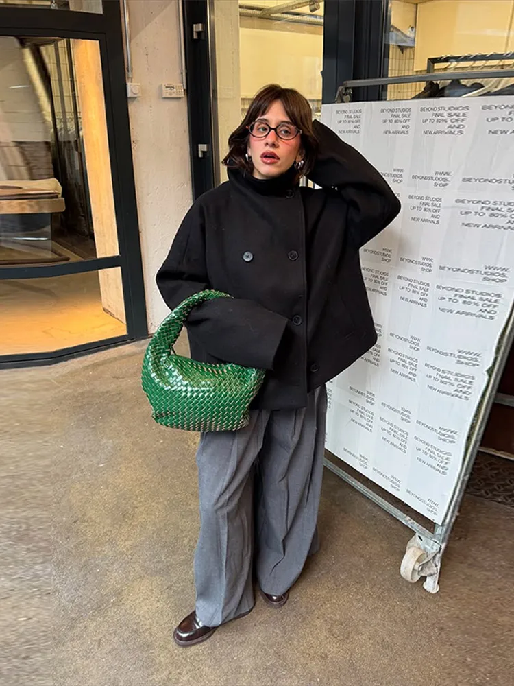 الصلبة عالية الرقبة زر مزدوج معطف فوقي انخفض الكتف فضفاض 2025 الخريف قصيرة أنيقة سترة المرأة الحضرية ملابس خارجية سيدة عادية #4