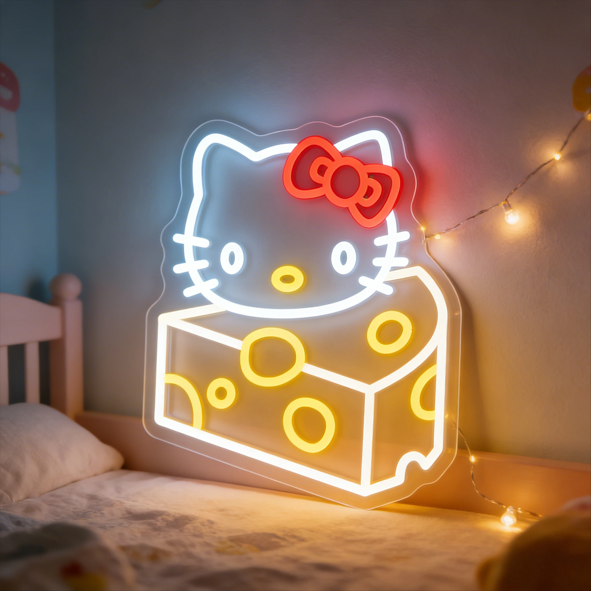 

Hello Kitty Cheese Neon Sign LED USB Dimmable Wall Art Night Light for Kids Bedroom Kawaii Sanrio Birthday Gift