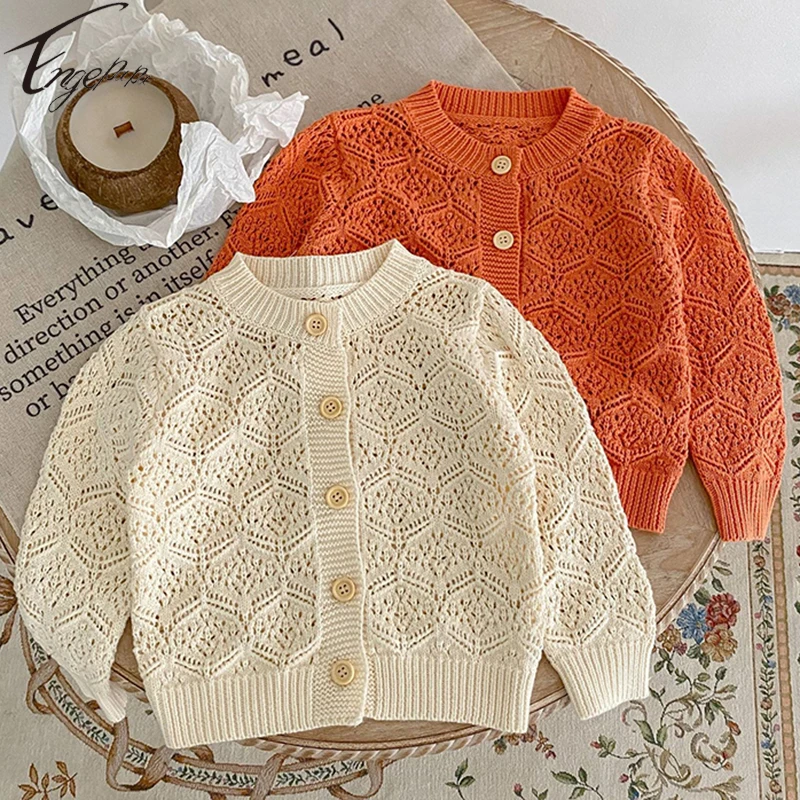 Engepapa Hollow Baby Girls Solid Color Knitted Cardigan Infant Baby Girl Spring Autumn Knitting Soft Cardigan Outside Clothes