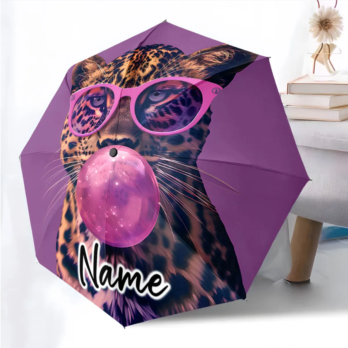 Custom Name Umbrella Leopard with Bubblegum and Glasses Umbrella Print 8 Iron Ribs Folding Umbrella Auto-Open Fashion Sunshade