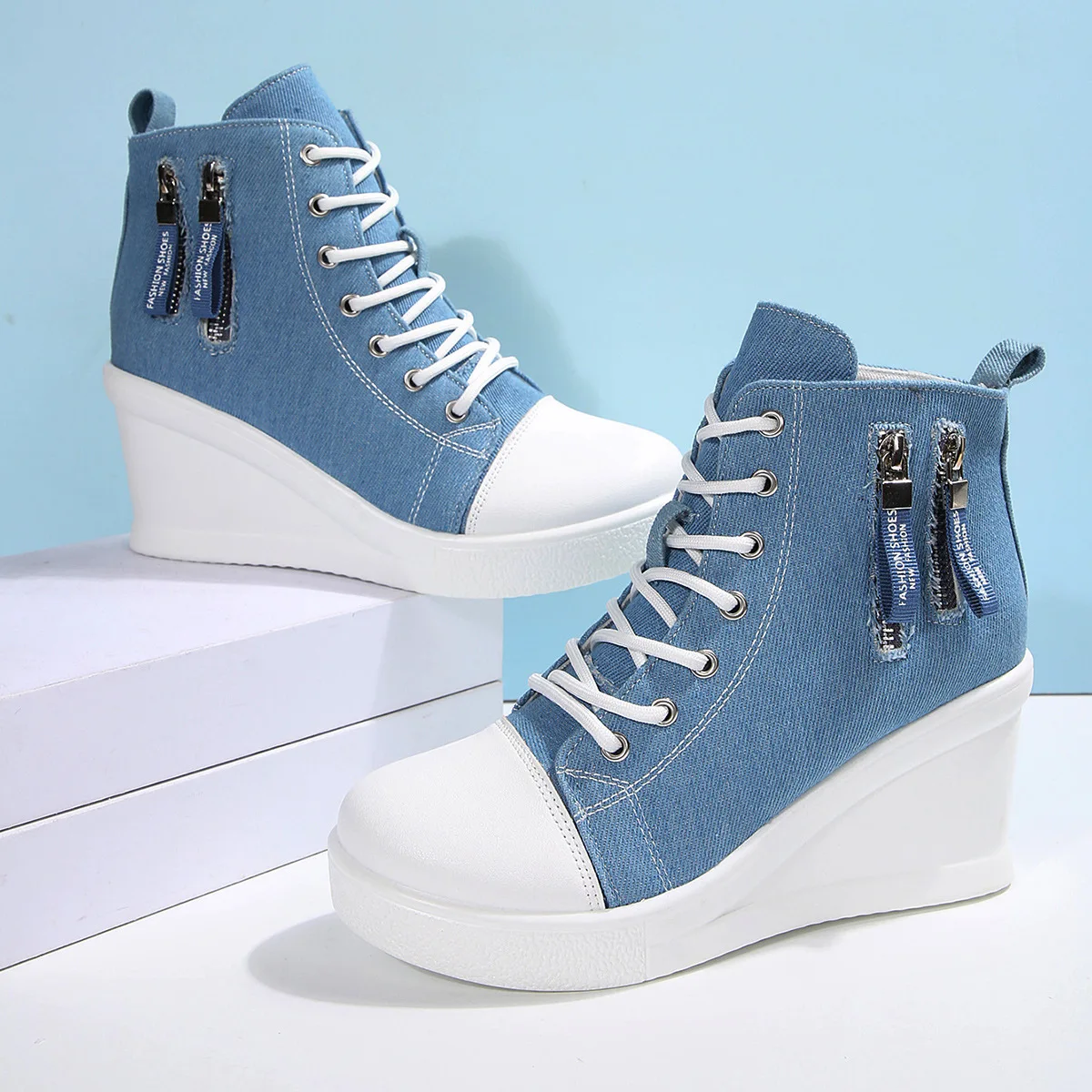 Summer Womens Shoes Fashion Lace Up Canvas Shoes Plus Size Zip Non Slip Wedge Heels Durable Breathable Women Casual Sneakers New