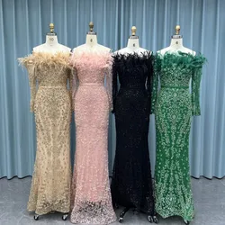 YQLNNE 2025 Gold Off the Shoulder Feathers Evening Dresses Long Sleeve Mermaid Formal Womenn Party Gown Vestido De Noche