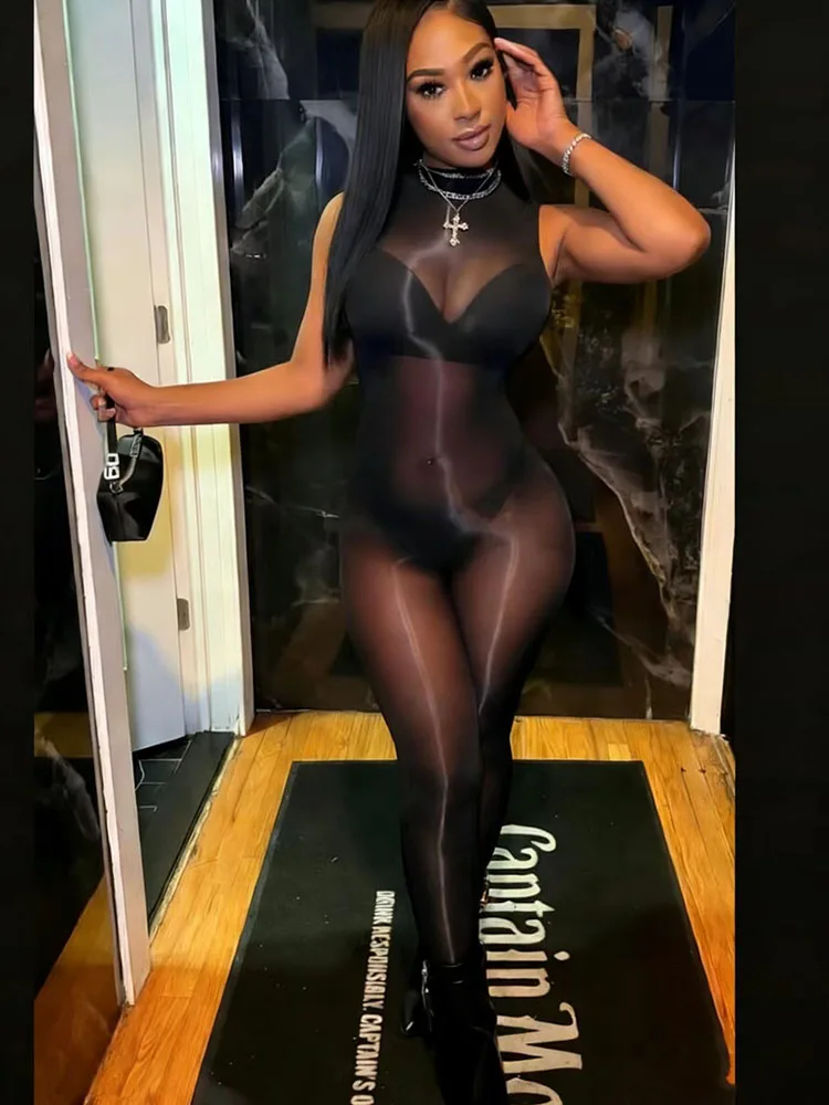 Sexy See Through Mesh Rave Outfit Woman Jumpsuits and Rompers Club Party Midnight Sleeveless Skinny Stretchy One Piece Overalls