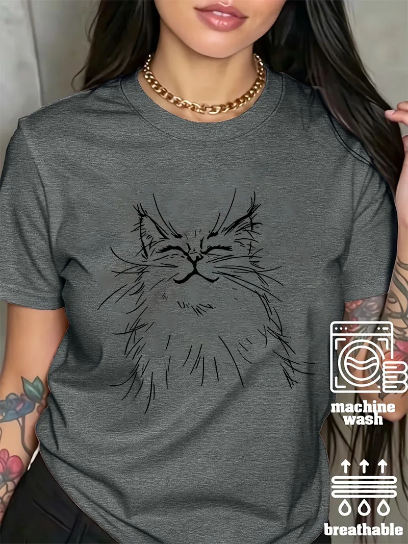 Harajuku Women's Happy Fluffy Cat Graphic T Shirt Cute Closed Eyes Kitty Line Art Print Short Sleeve Crewneck Tee Summer Casual