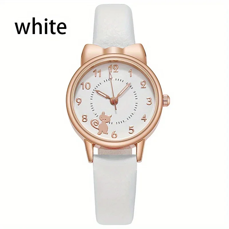 Кварцевые часы с круглым указателем и рисунком кота, милые светящиеся аналоговые наручные часы из искусственной кожи для женщин, девочек, студентов
