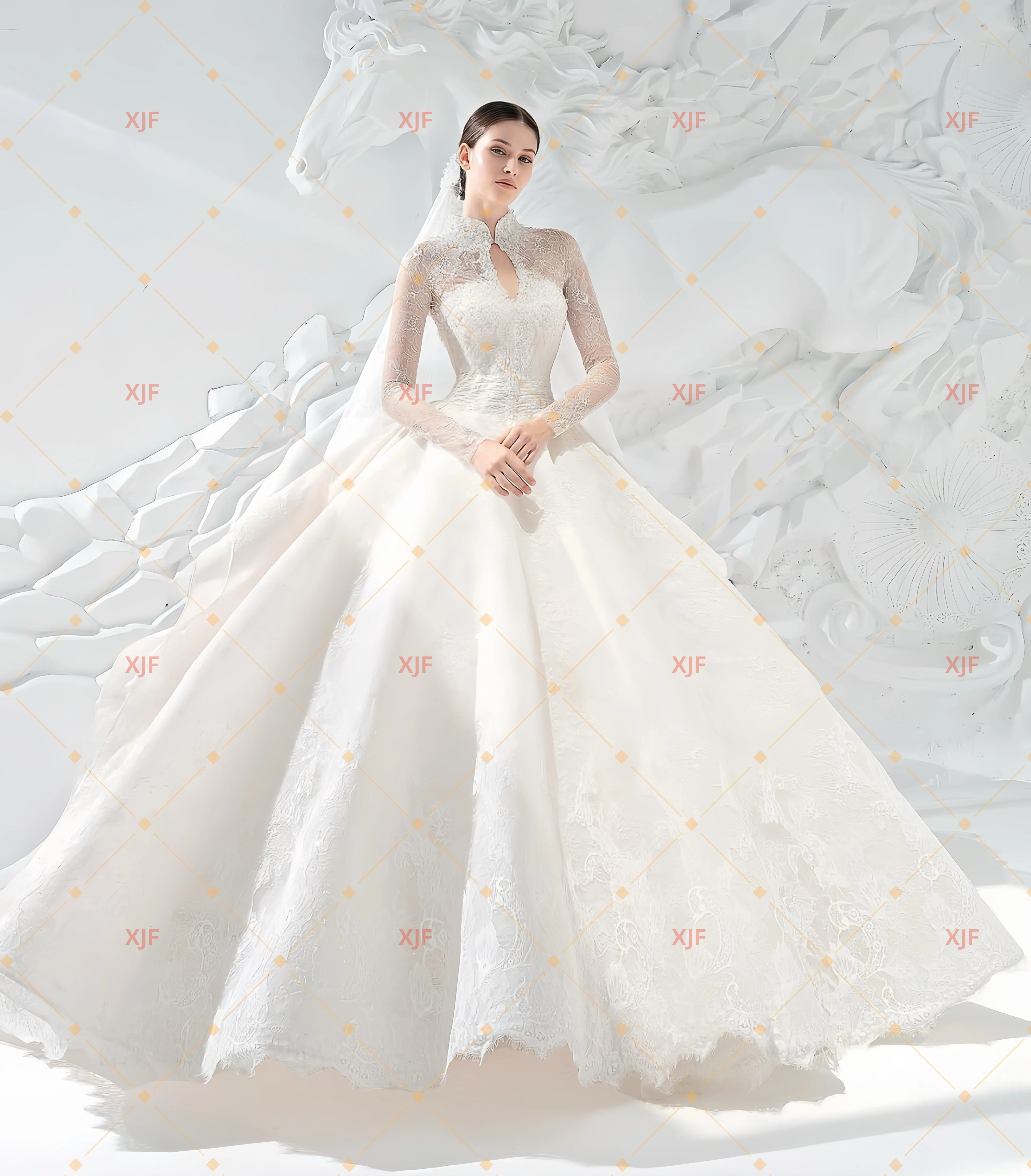 Personnalisé col haut à manches longues robe de bal splendide robe de mariée robes de novia amanda novias amanda novias officiel