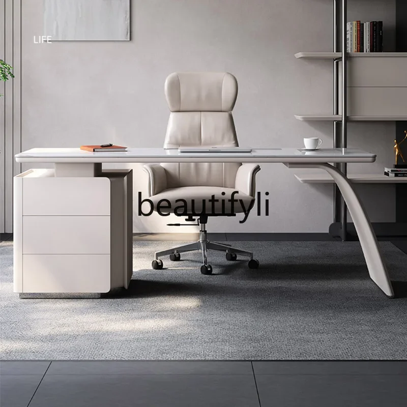 Cream Style High-End Design Sense Rock Board Desk Chair Home Italian Style Office Computer Desk