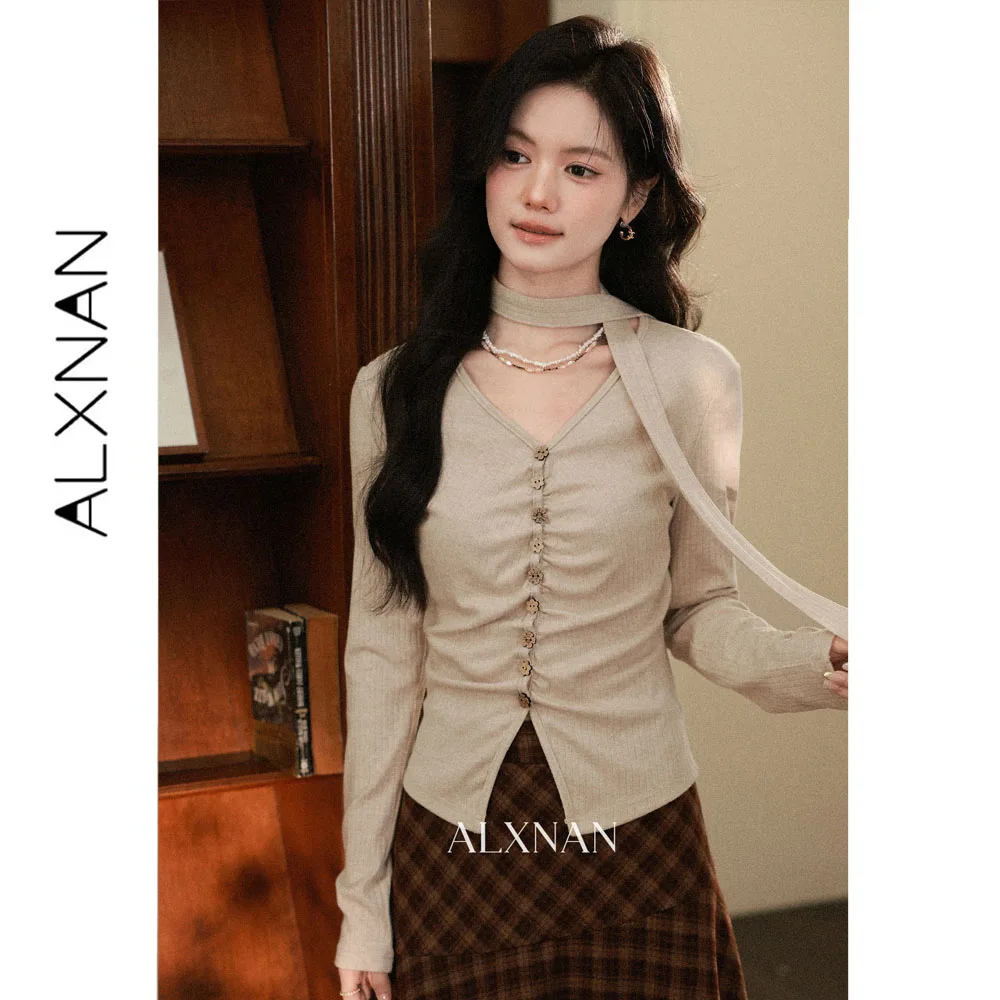 ALXNAN Oatmeal Long Sleeve T‑shirt Women Autumn Wooden Flower Buttons Pleated Split Design Pullover with Free Ribbon Top L67832