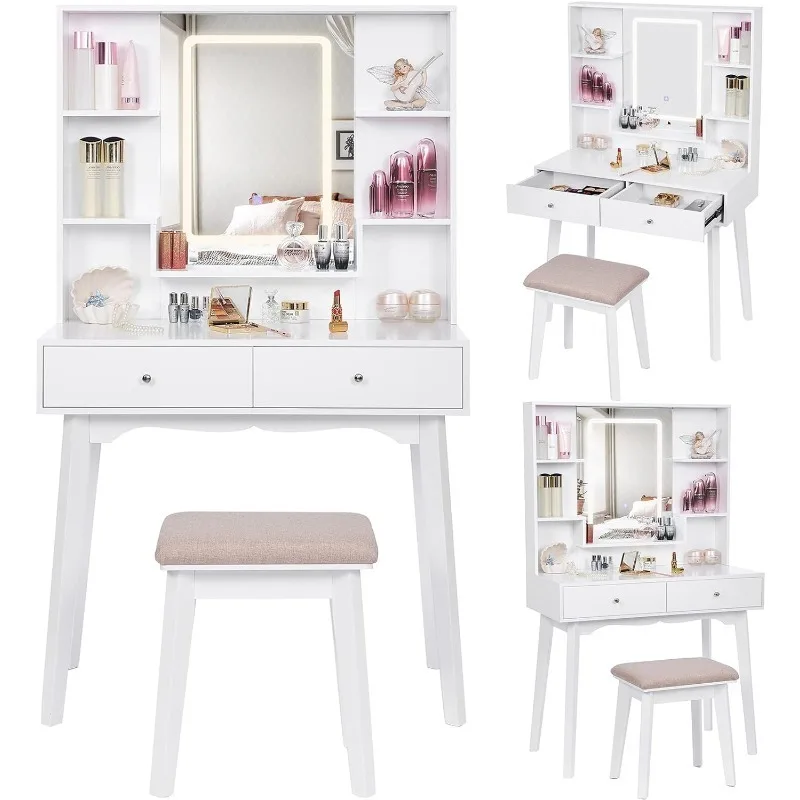 Vanity Table Set with LED Lighted Mirror 3 Lighting Colors Adjustable 5Storage Shelves Cushioned Stool 2 Big Drawers Desk White