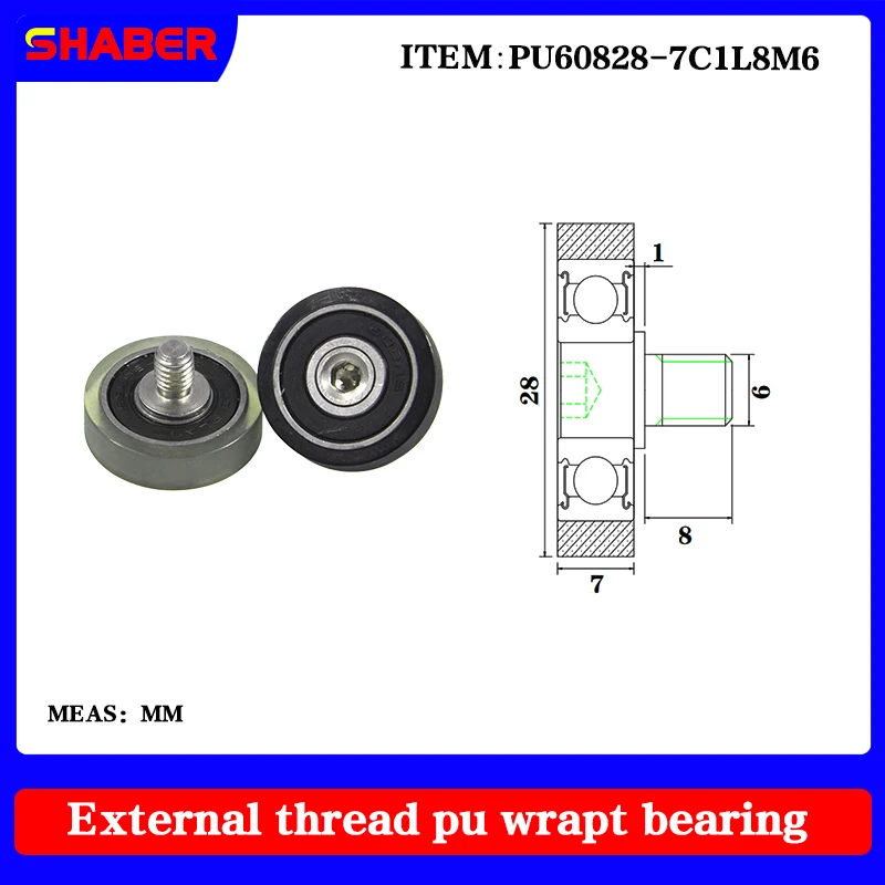 

【SHABER】supply external screw thread polyurethane formed bearing PU60828-7C1L8M6 glue coated bearing With threaded guide wheel