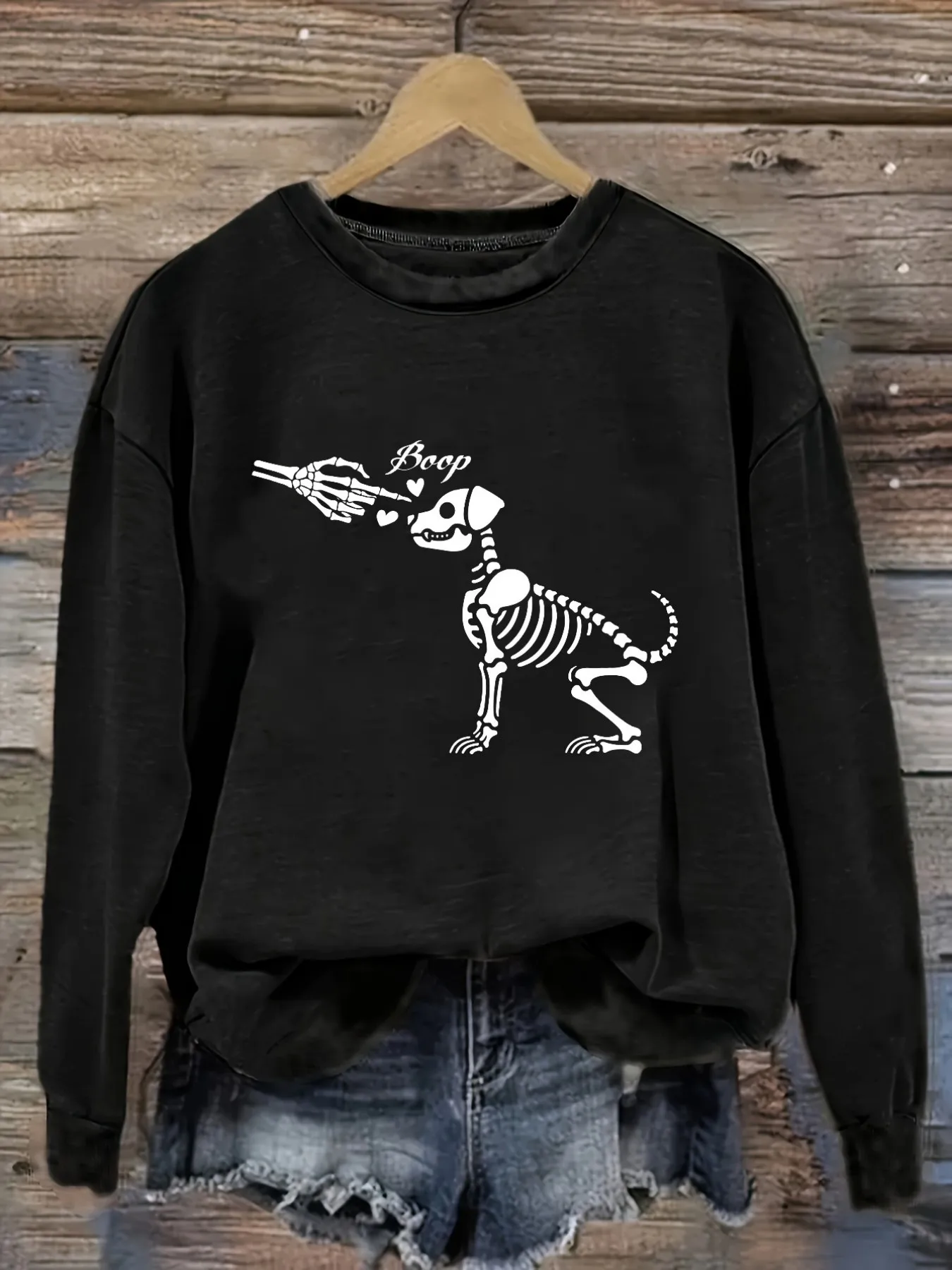 Women's Casual Long Sleeve Crew Neck T-Shirt Skeleton Dog Beop Nose Touch Design, Round Neck Women's Clothing, Machine Washable, Slightly Elastic, Loose Fit, Spring Autumn Winter Women's T-Shirt, Halloween Costume Outfit