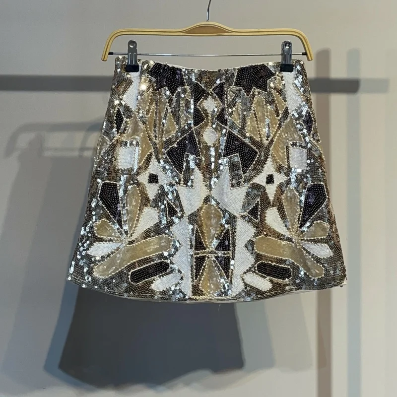 Y2k Chic Rock Geometrische Colorblock Perlen Pailletten Rock Frauen Bleistift Rock Mode Tanzen Rock Party Clubwear