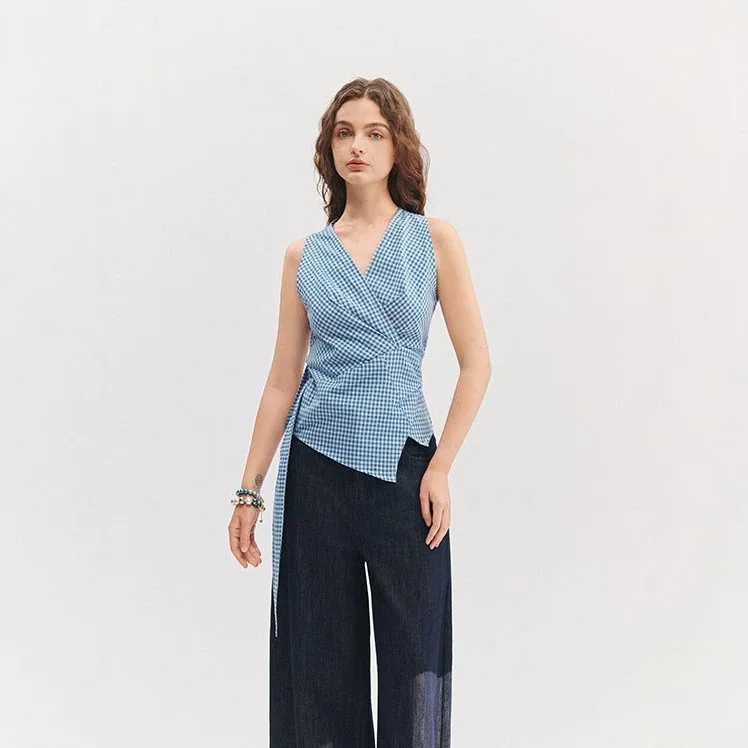 French Countryside Waist Cinched Plaid Sleeveless Top for Women's New Vest Design, Unique and Beautiful Small Shirt