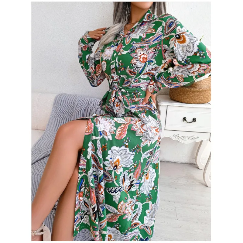 2024 Spring/Summer Retro Flower Collar Long Sleeve Button Cardigan Tie Up Shirt Skirt Elegant Women's One Step Skirt Vestidos