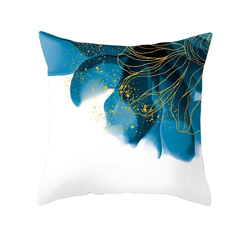 Modern Abstract Artist Waterblue Gold Threads Painting Cushion Cover Simple White Blue Nordic Pillows Case Decorative Home Sofa