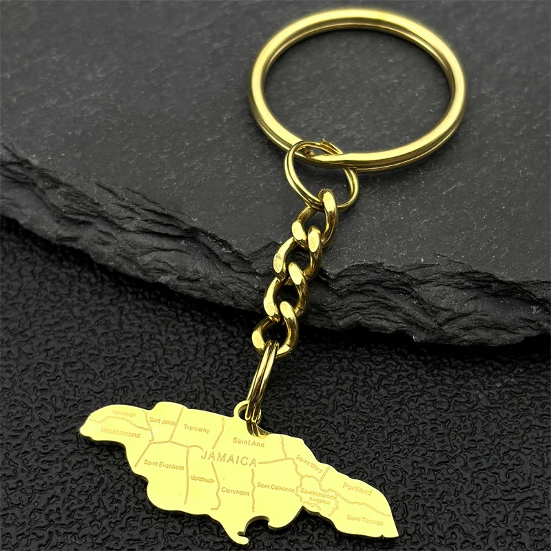 Llavero con Colgante de Mapa de Jamaica para Mujeres y Hombres, Acero Inoxidable, Color Dorado, Mapas de Jamaica, Joyería