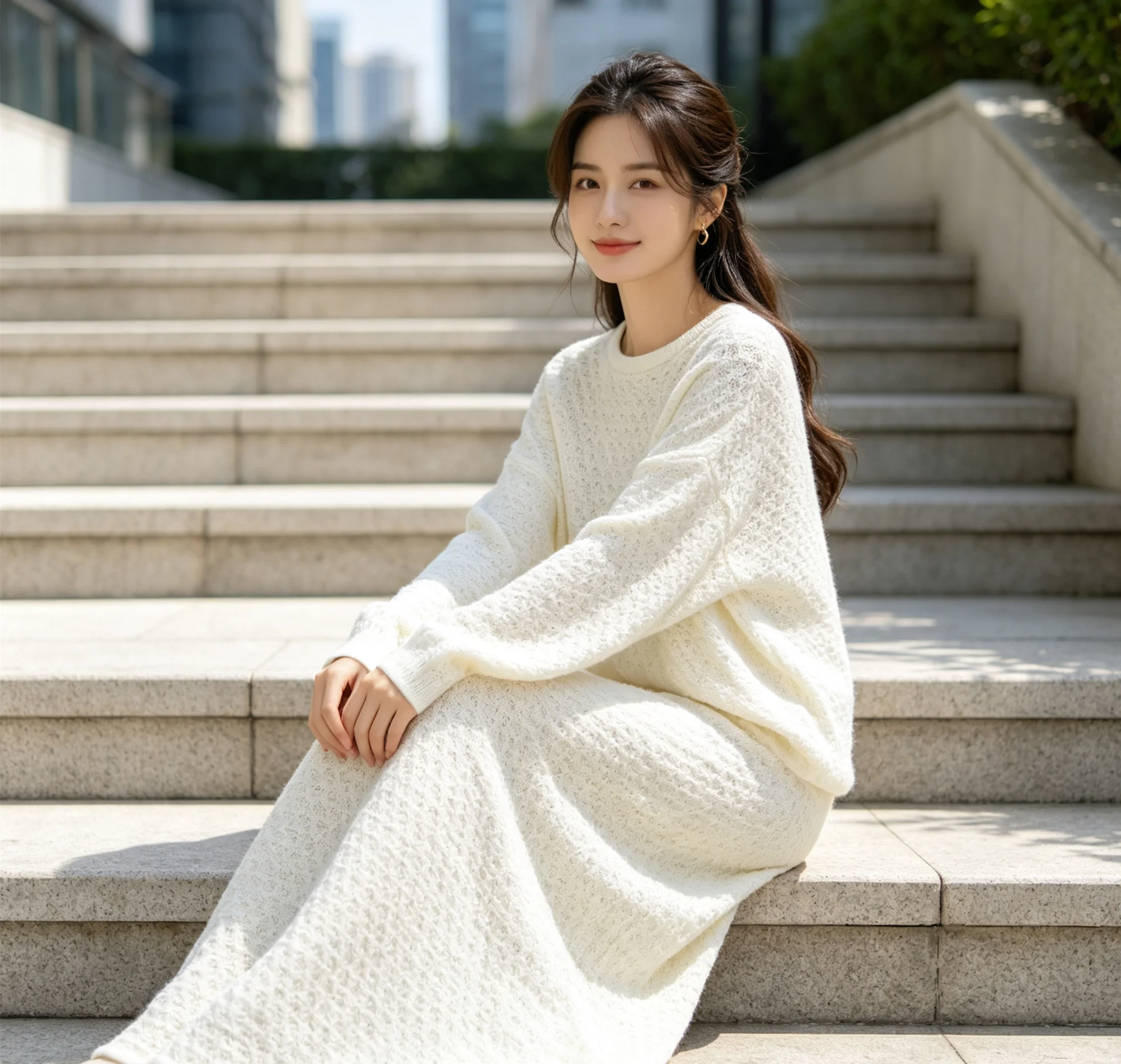 Warm Women Winter Crochet Hollow Out Knit 2 Piece Outfit Set Long Sleeve Sweater Top Midi Skirt Modest Suit Arab Loose Outfit