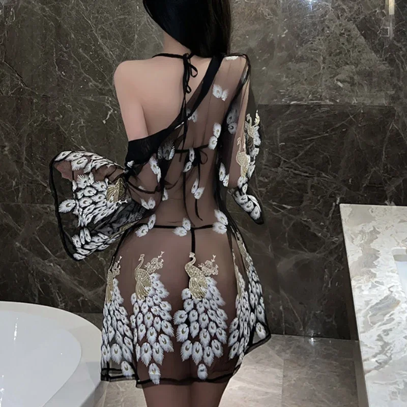 أحمر تقليدي صيني مطبوع Bellyband رباط خارجي طقم للنساء ، بيجمة شفافة بدلة ، ملابس داخلية مثيرة العاطفة ، ملابس نوم ، زي