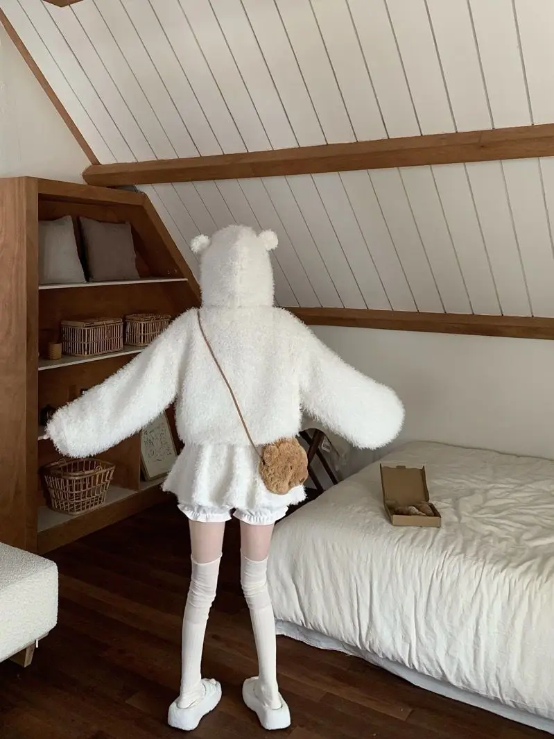 Winter Cute Bear Ears Fuzzy Hooded Set Women's Warm Plush Long Sleeve Coat + Matching Bloomers Skirt  Kawaii Loungewear