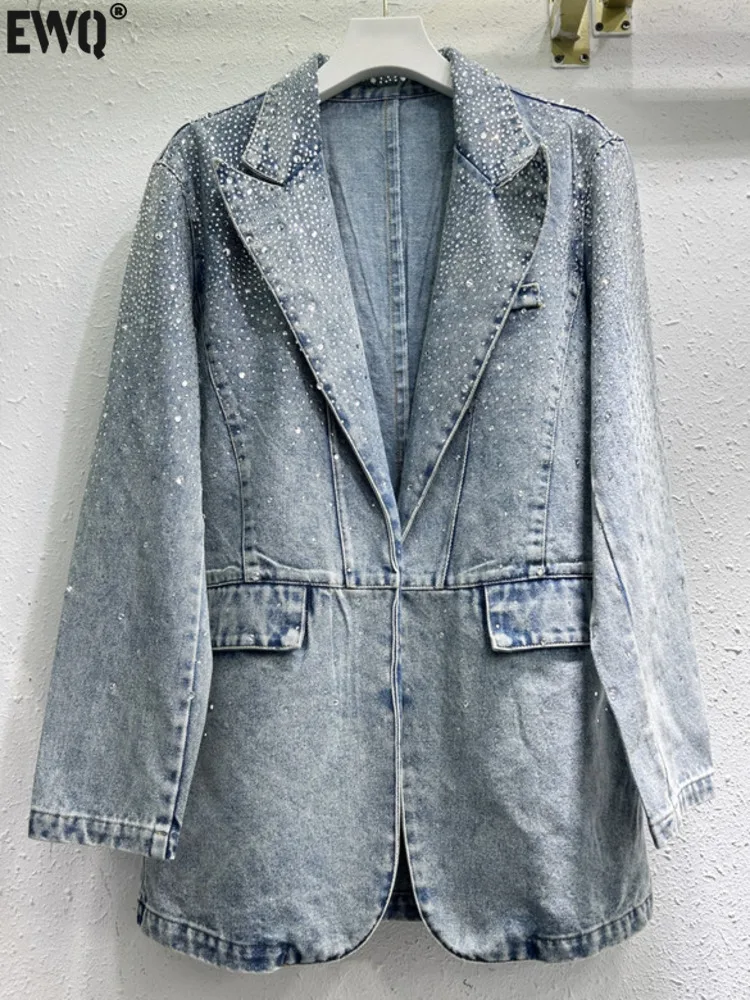 

[EWQ] Korean High Street Diamonds Design Denim Jacket V-neck Loose Long Coats Unique Fashion Clothing 2024 Autumn New 16O1192