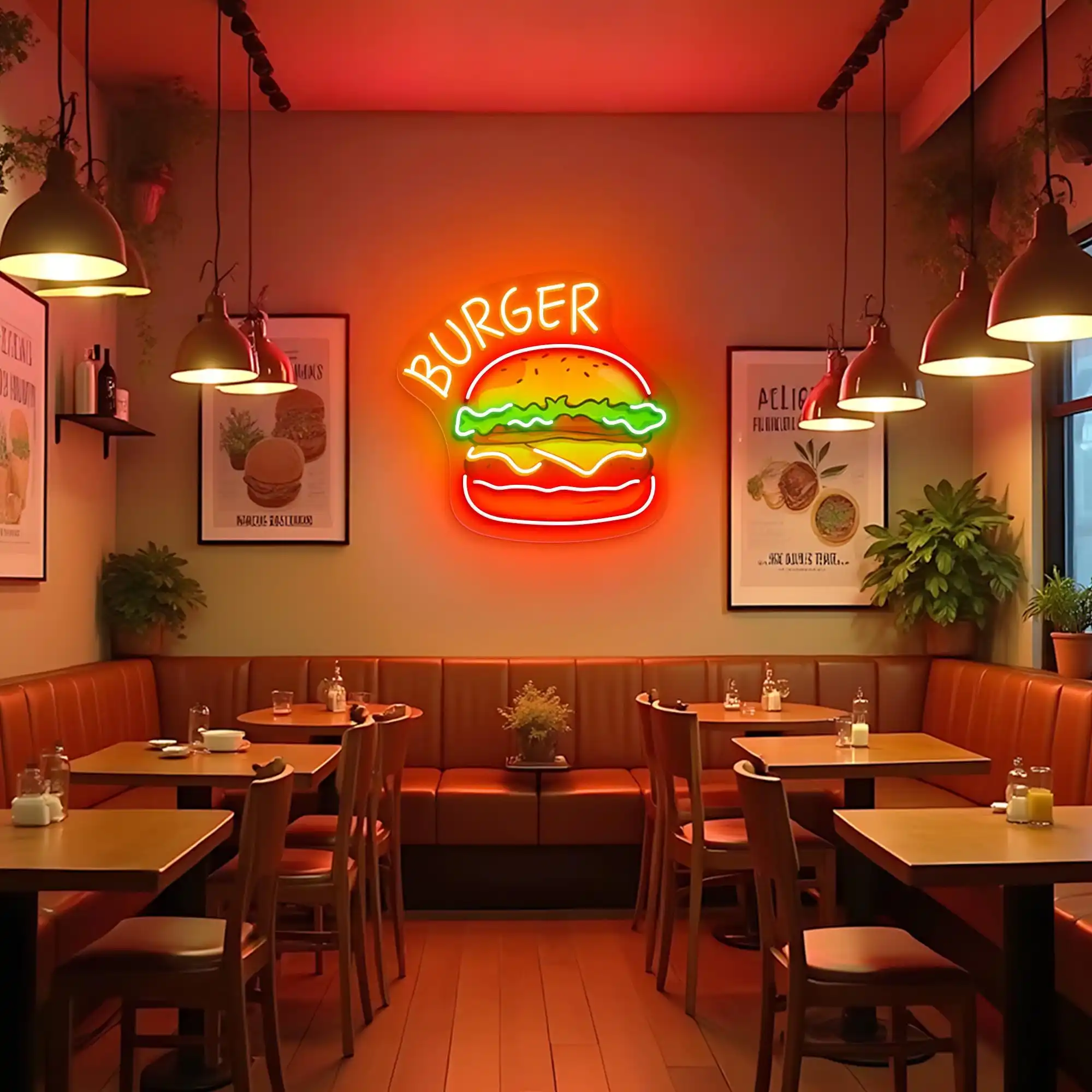 برجر النيون علامة همبرغر الوجبات السريعة مطعم جدار ديكور المطبخ علامة الأعمال برغر متجر الجدار شنقا #3