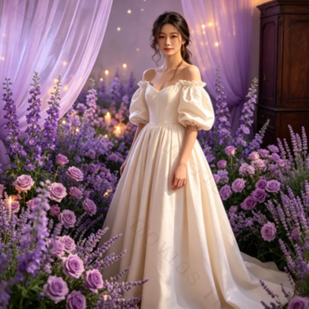 Customized Off Shoulder Puff Sleeve Linen A Line Wedding Dress Square Neck Simple Flowy Skirt Casual Mediterranean Bridal Gown