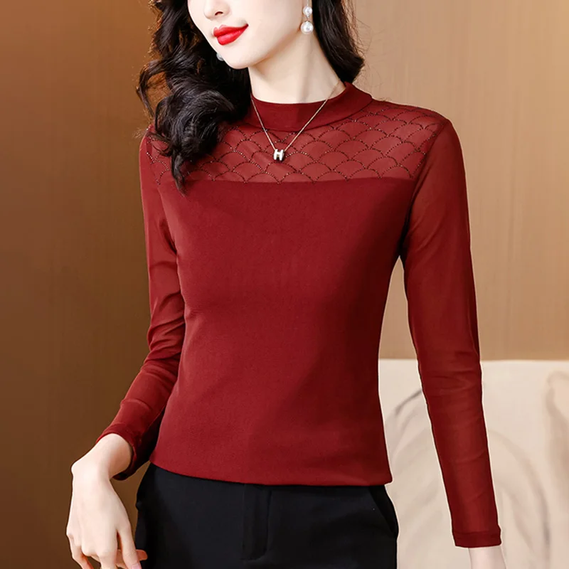 

New Autumn Long Sleeved O-Neck Women's Tees Fashion Casual Hot Diamond Patchwork Mesh Tops M-4XL Blusas Elastic T-shirt
