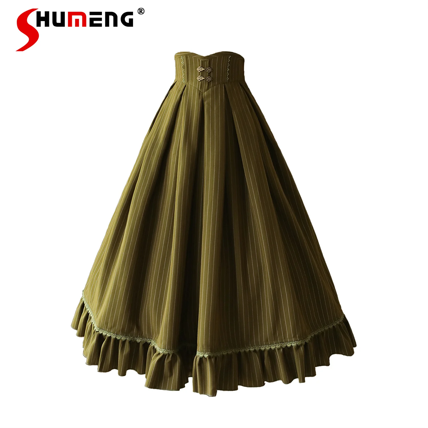 Original Classical Lolita Ruffles Vest and Striped Long Skirt 2023 Fall New Elegant Long Sleeve Bow Single Breasted Shirt Women