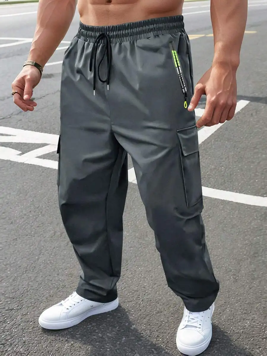 Mens Elastic Waist Drawstring Zipper Pocket Casual Straight Leg Cargo Pants Spring Autumn