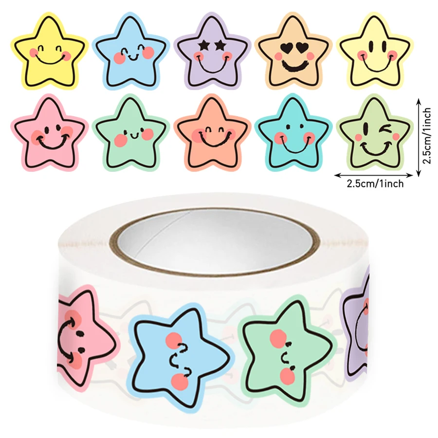 Colorful Star Expression Stickers Roll - 500 Pcs Pastel Aesthetic Star-Shaped Labels with Cheerful Design, Self-Adhesive