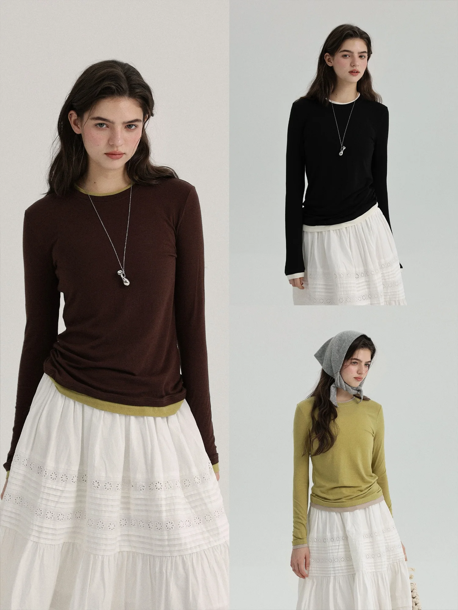 

Enroute Color Mood Knitted Mo Two-Piece Modal Wool Blend Long Sve ort Length round Ne Breathable Soft Fit Women's Top