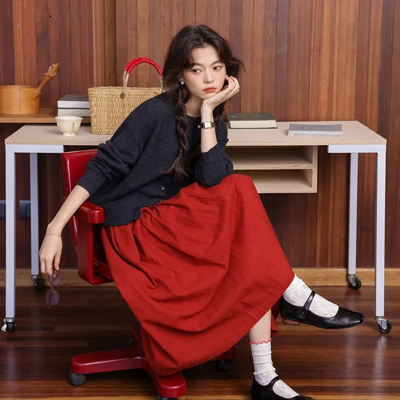 Johnature New French Retro Bright Japanese Pleated Midi Skirt Red A-Line Umbrella Skirt Spring   Casual Simple Women Skirts