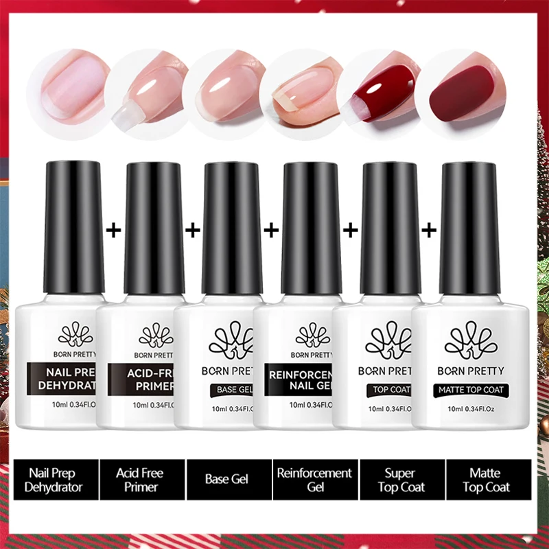 BORN PRETTY 6pcs Base Top Coat Functional Gel Set Matte Top Coat Reinforcement Semi Permanent Hybrid Soak Off UV LED Gel Varnish