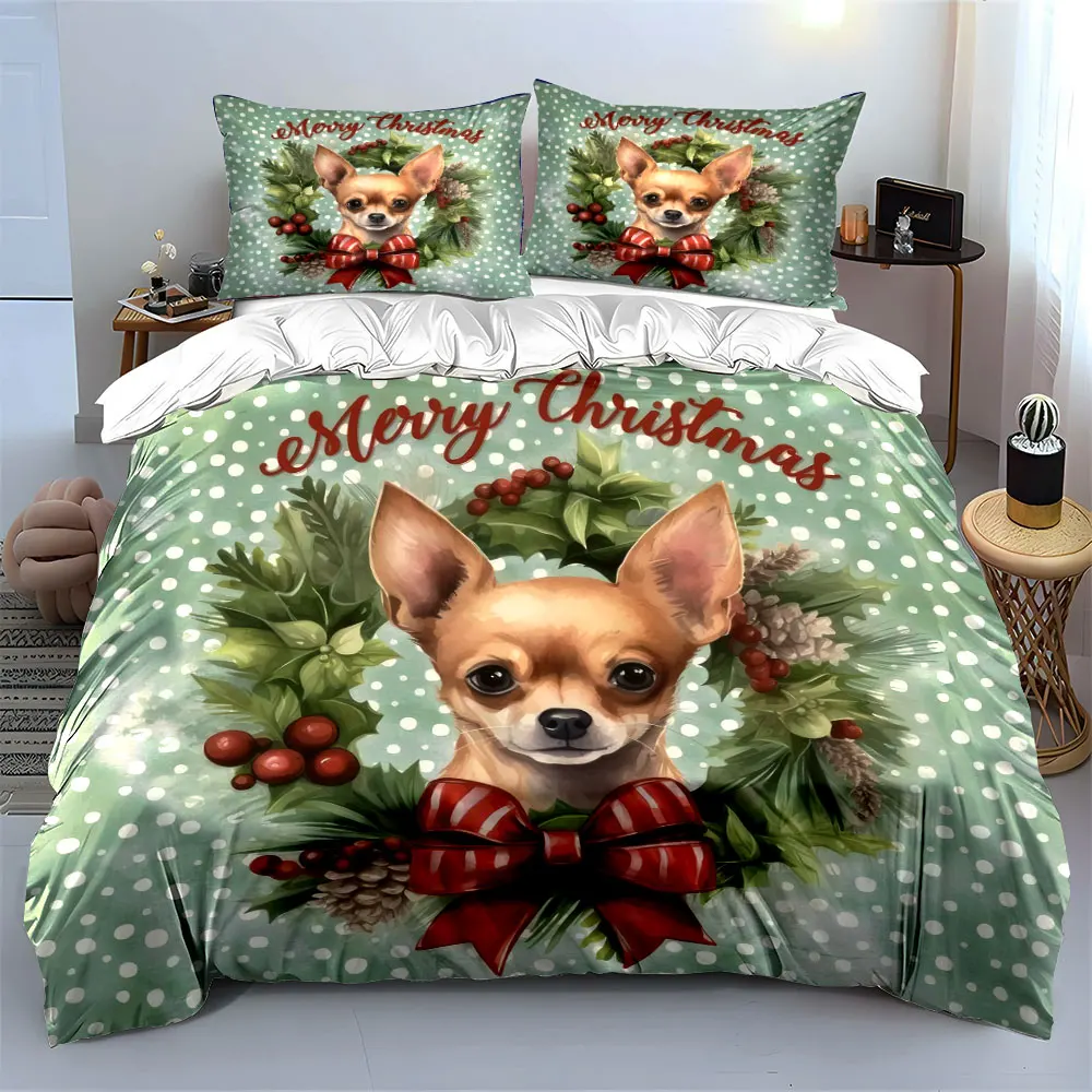 A cute dog with a Christmas wreath and red bow Print Duvet Cover Bedding Set Included 1*Duvet Cover 2*Pillowcases