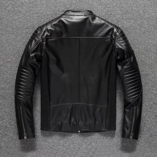 Imagen 2 del producto Traje de motocicleta de cuero de vaca puro para hombre, chaqueta de ciclismo ajustada, cuello alto, Chaqueta corta negra