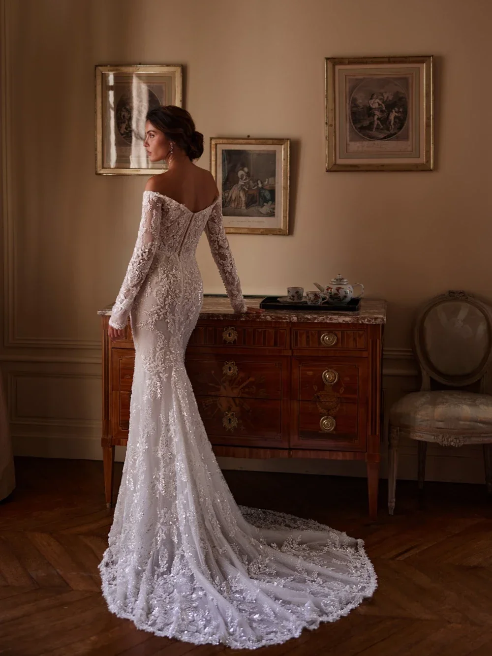 فستان زفاف طويل بحورية البحر من الدانتيل المطرز، فستان زفاف رشيق بدون أكتاف، فساتين لامعة رائعة مخصصة للعروس