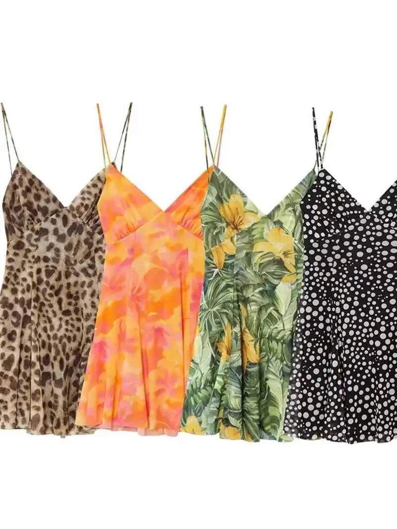 Verão novo doce e picante leopardo impressão de seda malha com decote em v sem costas vestido camisola para mulher tanque mini vestido doce sexy