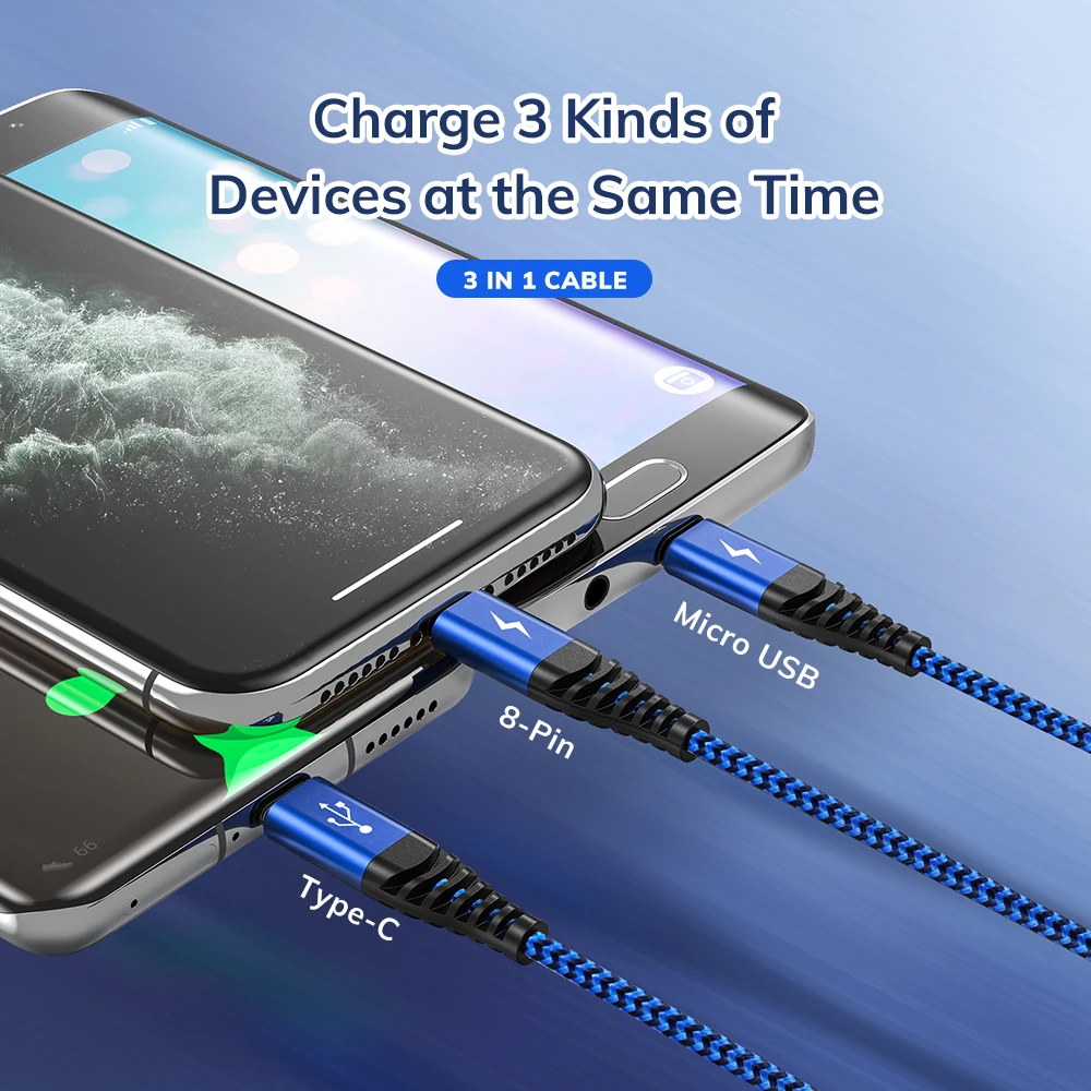 TOPK 3 in 1 Micro USB Type C Cable for iPhone 14 13 12 Plus X Xs Max Samsung Xiaomi Huawei 3A Fast Charging USB-C Date Cable